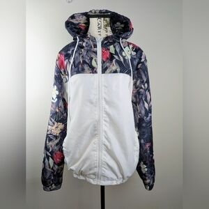 White Floral Two Tone Lightweight Hoodie Windbreaker Size Medium Streetwear